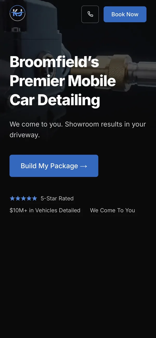 KJ Detailing homepage on a phone